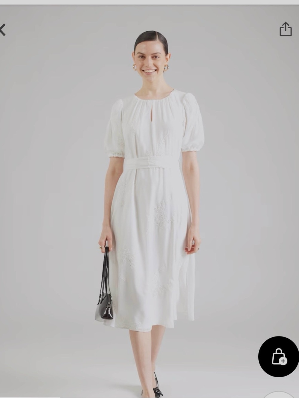 Women's White Eyelet Puff-Sleeve belted Midi Dress NWOT